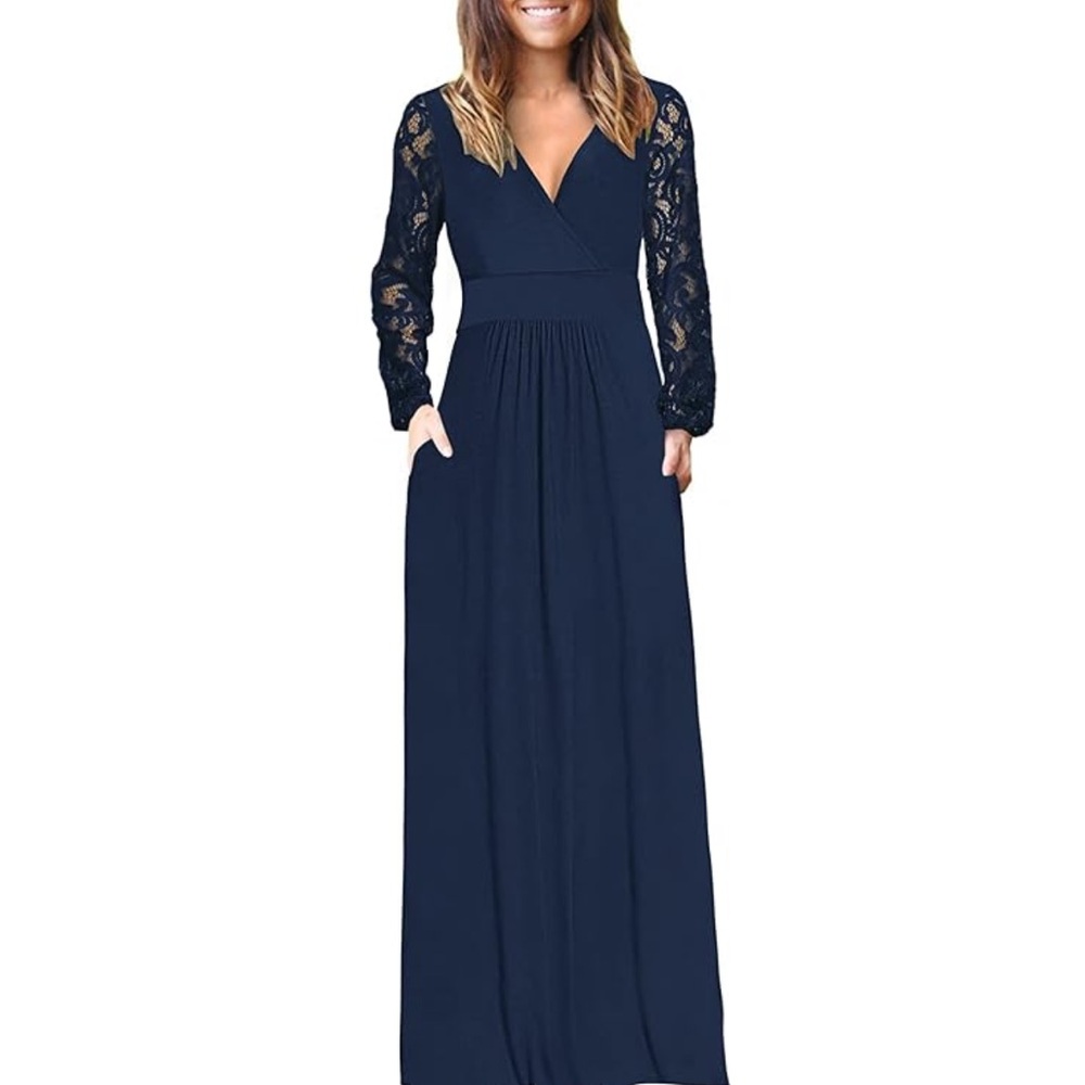 🆕WNEEDU Elegant Women's Lace Long Sleeve Maxi Dress V Neck Wrap  with Pockets